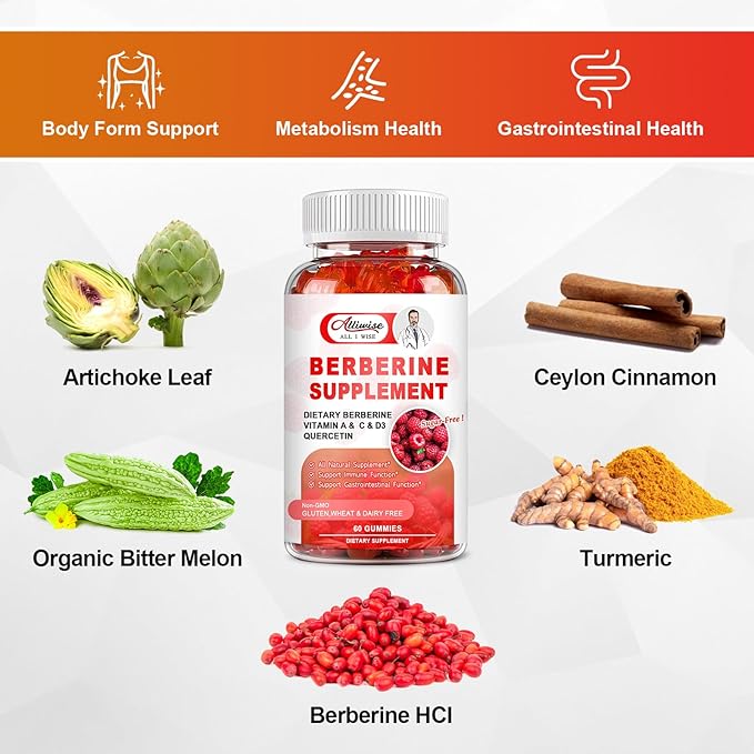 Sugar-Free Berberine Supplement Gummies, 1500mg Original Berberine HCL with Ceylon Cinnamon, Quercetin, Multivitamin, Support Immune & Gastrointestinal Function & Metabolism for Women & Men