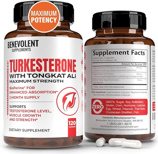 Turkesterone 8,000mg [Highest Purity] + BioPerine® for High Absorption Supplement with Tongkat Ali - Increase Stamina, Lean Muscle Growth & Recovery, Boosts Drive 3rd Party Tested 2 Months Supply