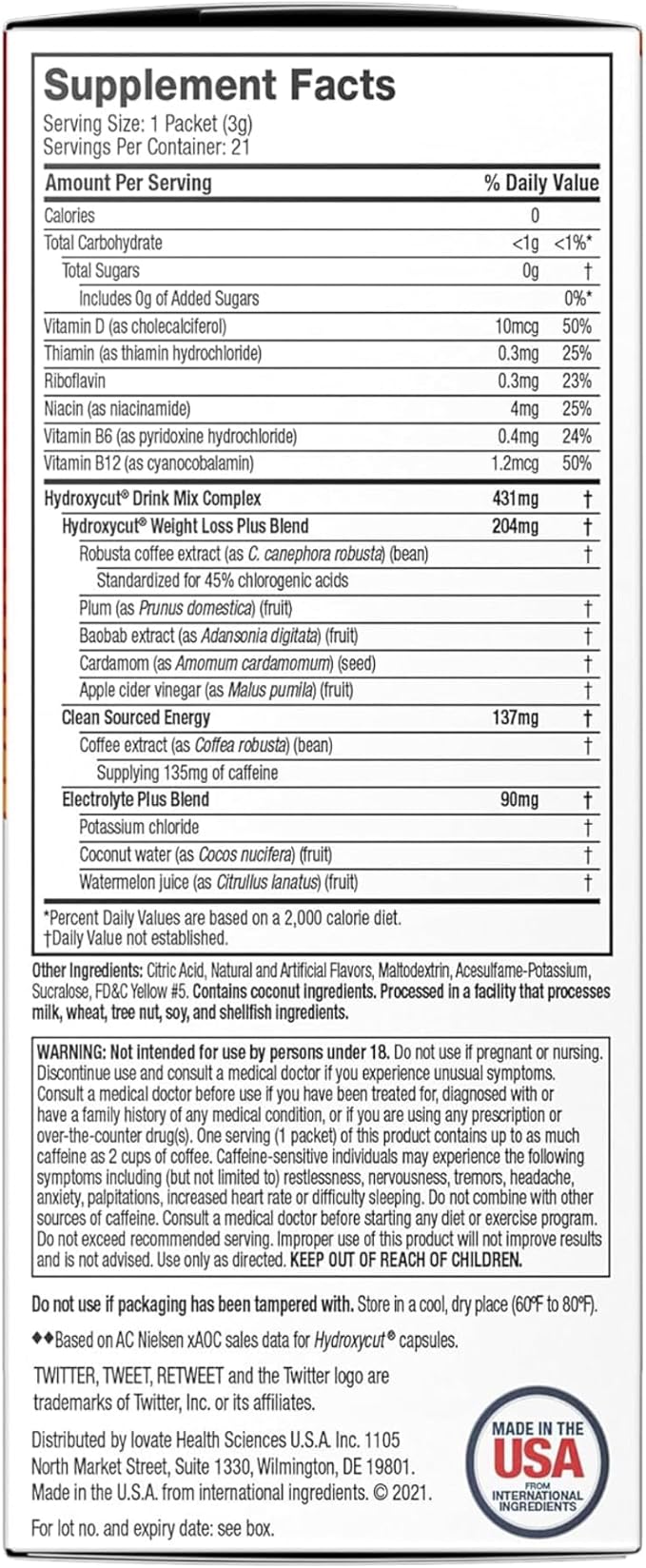 Hydroxycut Drink Mix, Lemonade - 21 Travel-Size Packets - Zero Calories or Sugar - Boost Metabolism, Burn Calories, Increase Energy - For Women & Men