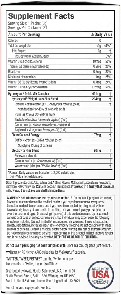 Hydroxycut Drink Mix, Lemonade - 21 Travel-Size Packets - Zero Calories or Sugar - Boost Metabolism, Burn Calories, Increase Energy - For Women & Men