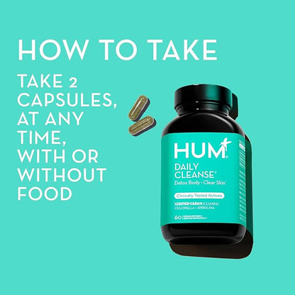 HUM Daily Cleanse Acne Supplement - Gut Cleanse Detox for Clear Skin with Organic Algae, Detoxifying Herbs, Zinc & Spirulina | Clear Skin Supplement (60 Capsules)