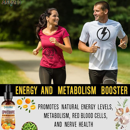 ANUMED - Lipotropic Complex Liquid Drops with Vitamin B12, B6, Folic Acid, Choline, Inositol for Liver Health, Natural Cleanser, Detox + Boosts Natural Energy Levels. Vegan, Non-GMO, Gluten-Free (2oz)