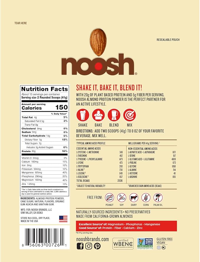 NOOSH Plant Based Almond Protein Powder Vanilla 35 Gram - Vegan, All Natural Ingredients, Non-GMO, Gluten Free, Kosher, Peanut Free, Soy Free, Dairy Free (Vanilla)