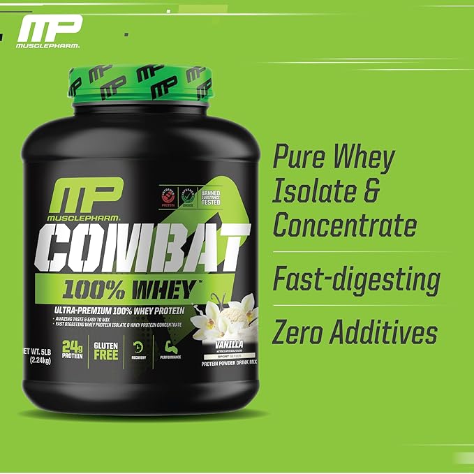 MusclePharm Combat 100% Whey Protein Powder, Vanilla Flavor, Fast Recovery & Muscle Gain with Whey Protein Isolate, High Protein Powder for Women & Men, Gluten Free, 5 lb, 70 Servings