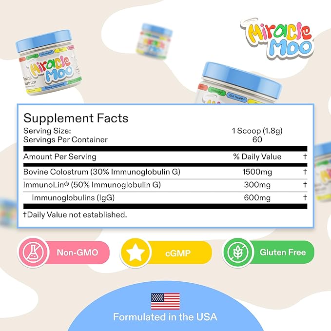 Colostrum Supplement for Gut Health, Hair Growth, Beauty and Immune Support - Easy to Mix Grass Fed Bovine Powder - Highest IgG Plus ImmunoLin, Unflavored 60 Servings