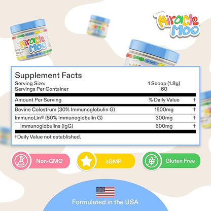 Colostrum Supplement for Gut Health, Hair Growth, Beauty and Immune Support - Easy to Mix Grass Fed Bovine Powder - Highest IgG Plus ImmunoLin, Unflavored 60 Servings