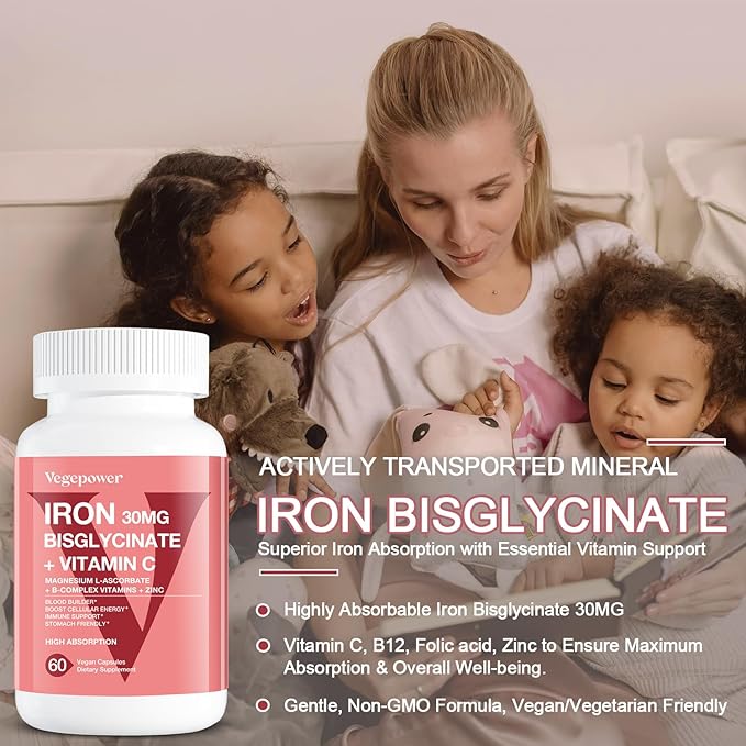 Iron Bisglycinate Supplement for Women & Men - 30mg Iron Pills with Vitamin C, B12, Folic Acid - Chelated Iron for Anemia, Blood Builder - High Absorption, Gluten-Free, Non-GMO - 60 Vegan Caps