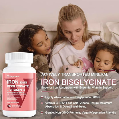 Iron Bisglycinate Supplement for Women & Men - 30mg Iron Pills with Vitamin C, B12, Folic Acid - Chelated Iron for Anemia, Blood Builder - High Absorption, Gluten-Free, Non-GMO - 60 Vegan Caps