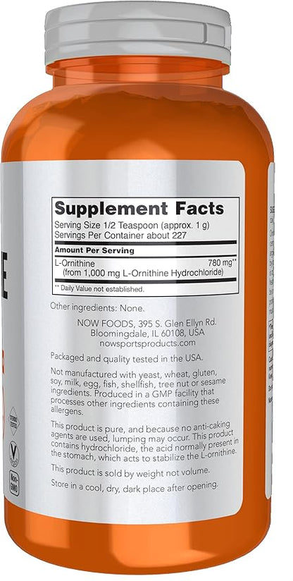 NOW Sports Nutrition, L- Ornithine Powder, Protein Metabolism* and Urea Detox*, Amino Acids, 8-Ounce (Pack of 2)