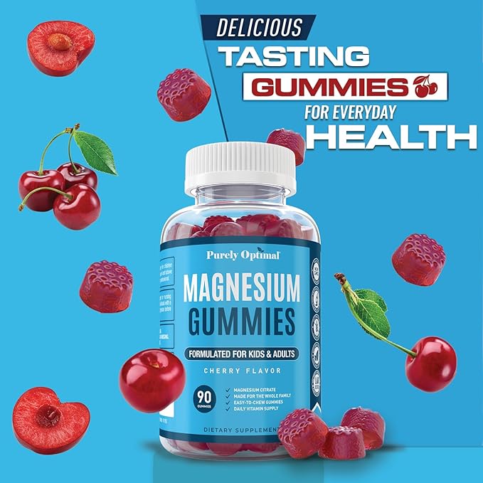 Purely Optimal Premium Magnesium Citrate Gummies for Adults & Kids - Supports Relaxation, Muscle & Nerve Function - Chewable, Non-GMO, Vegan, Gluten-Free - 90 Delicious Gummies