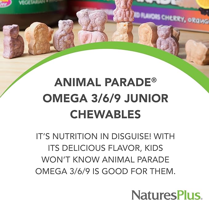 Natures Plus Animal Parade Omega 3/6/9 Junior, Lemon Flavor - 90 Softgels - Promotes Children’s Immune, Skin, Eye & Nervous System Health - Non-GMO, Gluten Free - 45 Servings