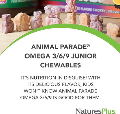 Natures Plus Animal Parade Omega 3/6/9 Junior, Lemon Flavor - 90 Softgels - Promotes Children’s Immune, Skin, Eye & Nervous System Health - Non-GMO, Gluten Free - 45 Servings