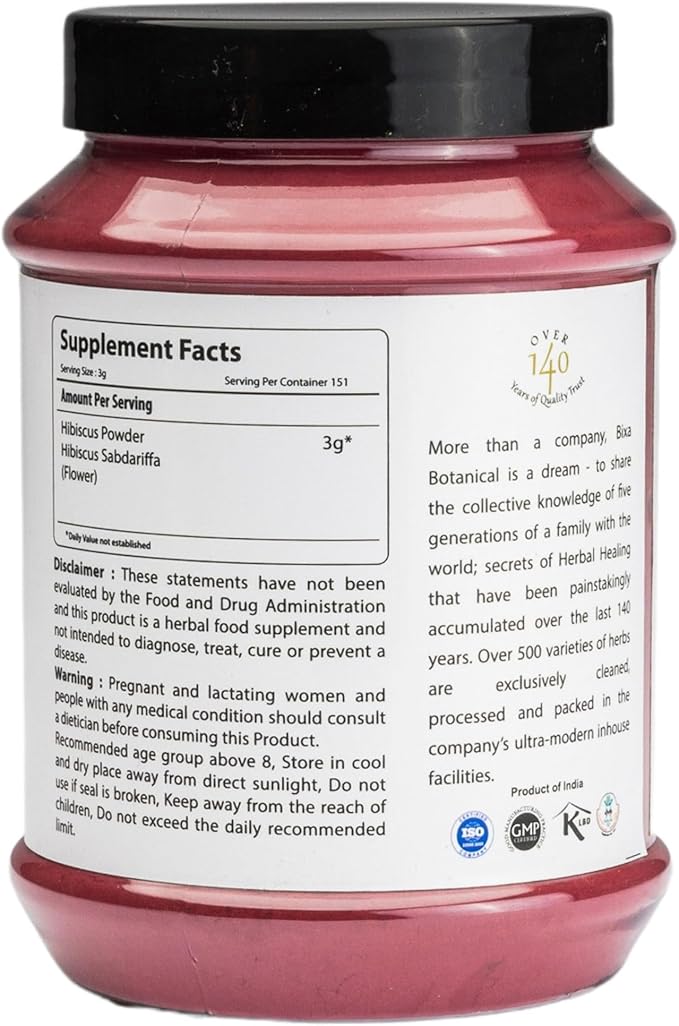 bixa BOTANICAL Hibiscus Powder (Hibiscus Rosa Sinensis) Ayurvedic Natural Herbal Supplement |Natural Coolant and Refrigerant | Steam Treated (16 Ounce Count (Pack of 1))