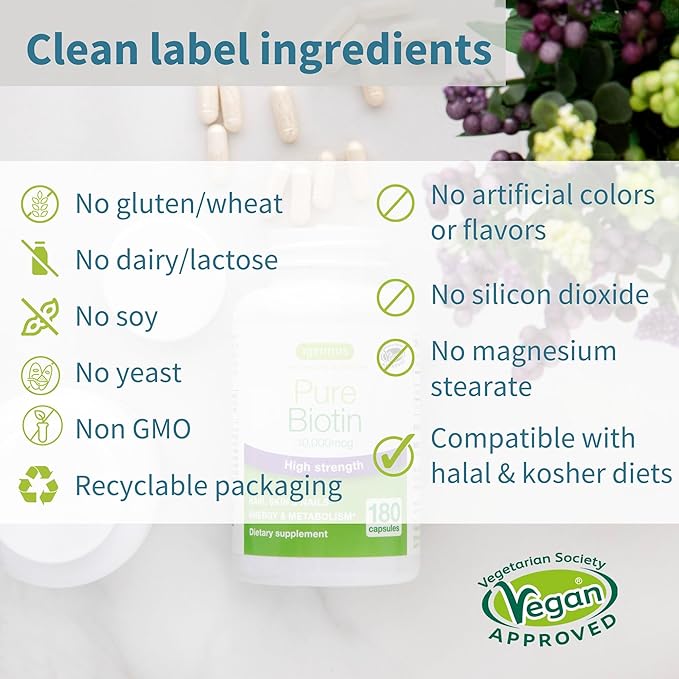 Pure Biotin 10,000mcg, Extra Strength Biotin, 180 Small Easy to Swallow Capsules, Vitamin B7, Clean Label, Lab Verified, & Vegan & Hypoallergenic, No After Taste or Smell, by Igennus