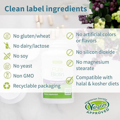 Pure Biotin 10,000mcg, Extra Strength Biotin, 180 Small Easy to Swallow Capsules, Vitamin B7, Clean Label, Lab Verified, & Vegan & Hypoallergenic, No After Taste or Smell, by Igennus