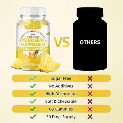 softbear Potassium Gummies for Adults, Sugar-Free Potassium Magnesium Supplement with Vitamin B6 CoQ10 for Leg Cramps Muscle Health Vegan Pineapple Flavor 60 Gummies