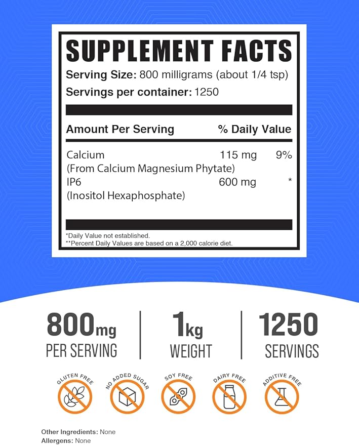 BulkSupplements.com IP6 Powder - Inositol Hexaphosphate, IP6 Supplement - Inositol Supplement for Immune Support, Gluten Free, 800mg per Serving, 1kg (2.2 lbs) (Pack of 1)