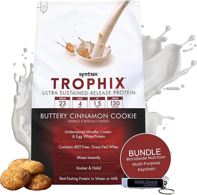 Syntrax Bundle: Trophix Undenatured Casein Protein Buttery Cinnamon Cookie - Instant Mix Whey Protein & Egg White Protein Powder - 2lbs High Protein Powder and Worldwide Nutrition Keychain