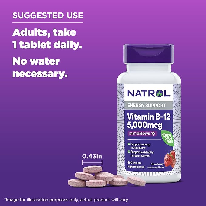 Natrol Vitamin B12 5,000 mcg, Fast Dissolve Vitamin B12 Supplement Supports a Healthy Nervous System and Energy Metabolism, 200 Tablets, Up to a 200 Day Supply