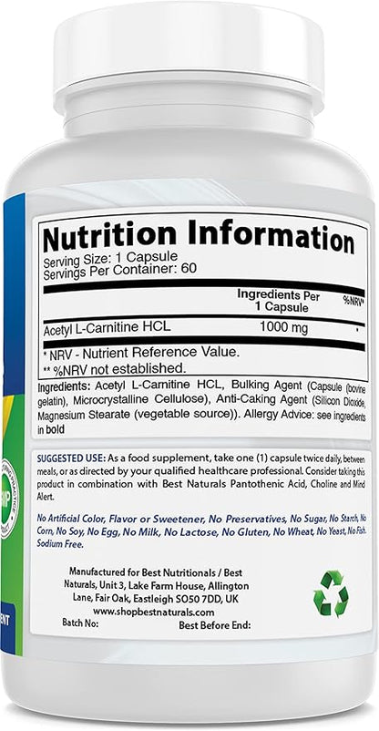 Best Naturals Acetyl L-Carnitine 1000mg Capsule, 60 Count