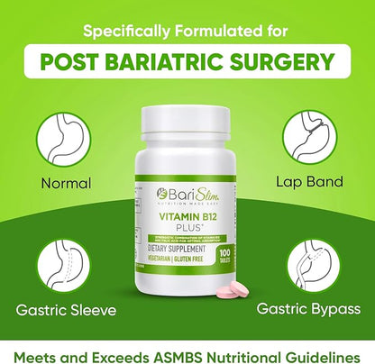 BariSlim Vitamin B12 Plus Tablets - Bariatric Formulated for Post Weight Loss Surgery, Including Gastric Bypass & Gastric Sleeve - Supports Energy Levels & Overall Health | Cherry Flavor