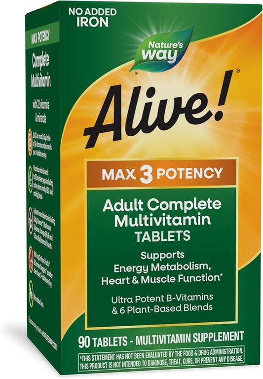 Nature's Way Alive! Max3 Potency Adult Complete Multivitamin, High Potency B-Vitamins to Support Energy Metabolism*, with Methylated B12 and Folate, No Added Iron, 90 Tablets (Packaging May Vary)
