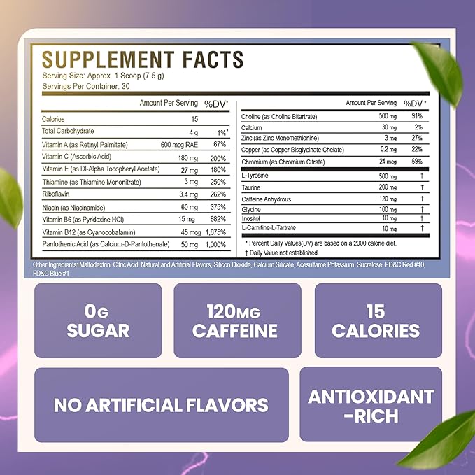 Morning Buzz Energy Powder Grape Drink - Energy Boost Drink Mix - Sugar-Free Energy with Antioxidants - Morning Kickstart and Sports Nutrition Endurance Product