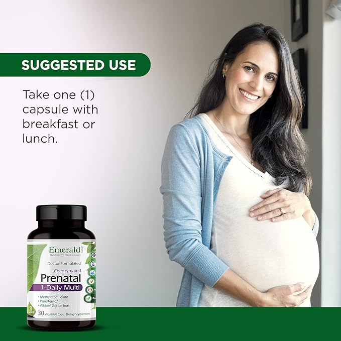 Emerald Labs Prenatal 1-Daily Multi - Prenatal Multivitamin with Methylated Folate, Iron, Whole-Food Blend & More - Soy-Free, Gluten-Free - 30 Vegetable Capsules