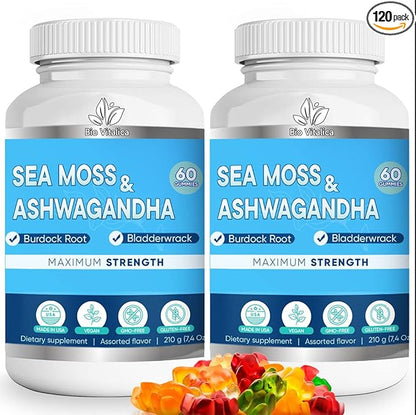 Sea Moss Ashwagandha Gummies - Organic Irish Seamoss & Ashwa Root Powder Supplements for Supporting Energy & Immunity for Men and Women
