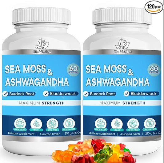 Sea Moss Ashwagandha Gummies - Organic Irish Seamoss & Ashwa Root Powder Supplements for Supporting Energy & Immunity for Men and Women