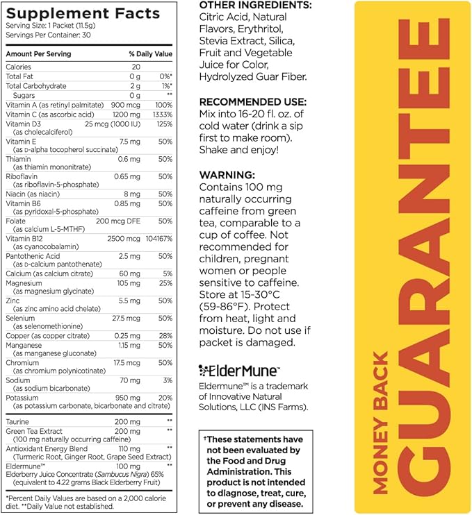 Pureboost Immune Clean Energy Booster, Refreshing Energy Drink Mix and Immunity Supplement with Elderberry, 1,200 mg Vitamin C, Vitamins A + D, and Zinc. Sugar-Free Energy (Elderberry Power, 30 Count)