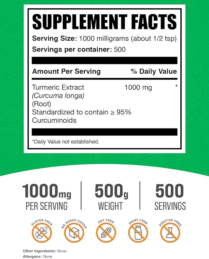 BulkSupplements.com Turmeric Extract Powder - from Turmeric Root, Curcumin Supplements 1000mg, Turmeric Curcumin Powder - Gluten Free, 1000mg per Serving, 500g (1.1 lbs) (Pack of 1)