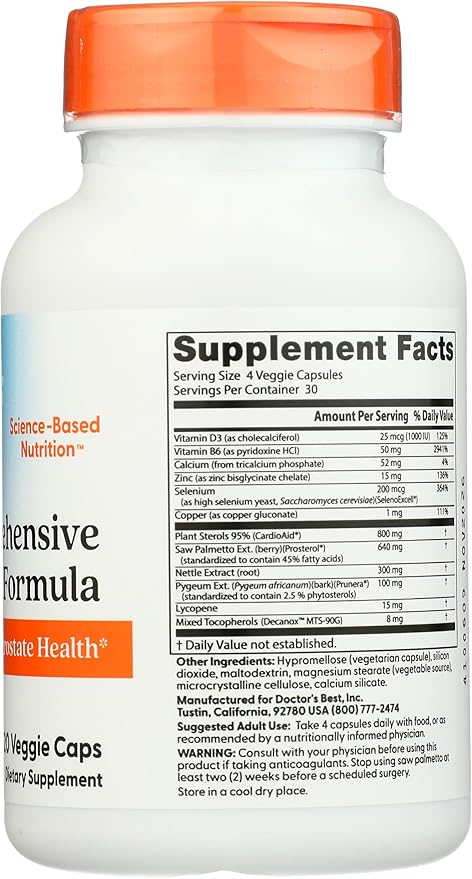 Doctor's Best Comprehensive Prostate Formula - Saw Palmetto, African Pygeum Bark, Nettle Root, CardioAid, & SelenoExcell - Prostate Support & Urinary Health, 120 Count