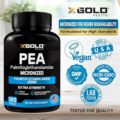 Palmitoylethanolamide Pea Supplement 600 mg | Micronized Pea 99% Highly Purified and Bioavailable | Made in USA | Supplement for Men and Women - 120 Capsules