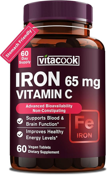 Iron Supplement for Women Men, High Potency Iron 65mg with Vitamin C 250mg, Slow Release Stomach Friendly Iron Pills for Red Blood Cell & Immune Support, Non-GMO, Gluten Free, 60 Vegan Tabs