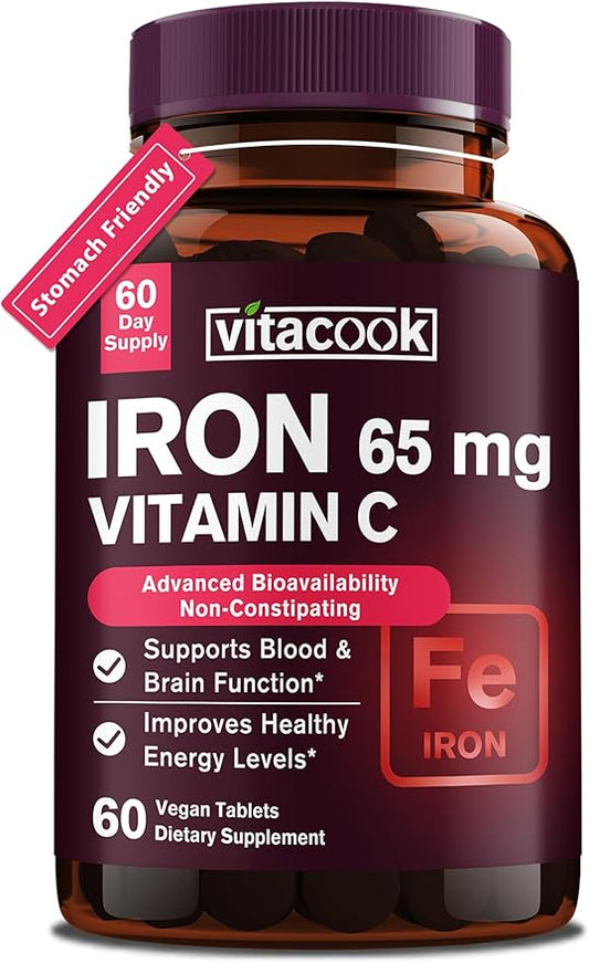 Iron Supplement for Women Men, High Potency Iron 65mg with Vitamin C 250mg, Slow Release Stomach Friendly Iron Pills for Red Blood Cell & Immune Support, Non-GMO, Gluten Free, 60 Vegan Tabs