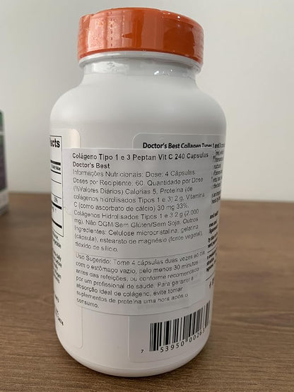Doctor's Best Collagen Types 1 & 3 with Vitamin C, Non-GMO, Gluten Free, Soy Free, Supports Hair, Skin, Nails, Tendons & Bones, 500 mg, 240 Caps (DRB-00263)