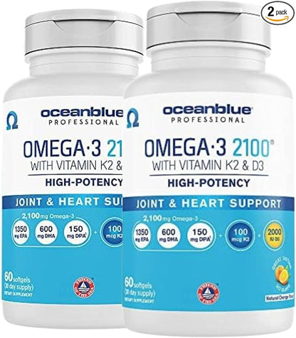 Oceanblue Professional Omega-3 2100 with Vitamin K2 and Vitamin D3-120 Count 2 Pack- Triple Strength Burpless Fish Oil Supplement with EPA, DHA & DPA - Wild Caught - Orange Flavor, 60 Servings
