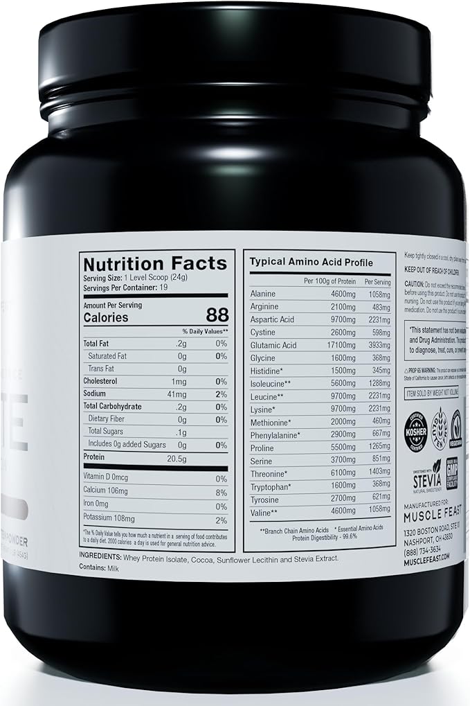 Muscle Feast Grass-Fed Whey Protein Isolate, All Natural Hormone Free Pasture Raised, Chocolate, 1lb