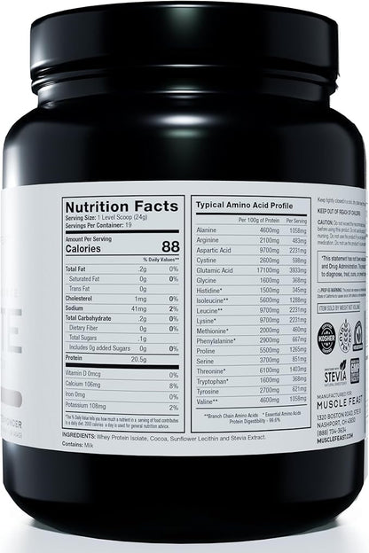 Muscle Feast Grass-Fed Whey Protein Isolate, All Natural Hormone Free Pasture Raised, Chocolate, 1lb