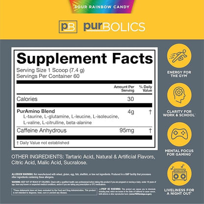 Aminos + Energy | Supports Recovery, Energy & Focus | 95mg of Caffeine, 0 Sugar & 60 Servings (Sour Rainbow Candy)