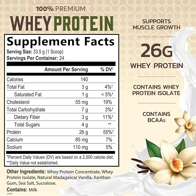 Premium 100% Whey Protein Powder 26g, Creamy French Vanilla, Advanced Isolate Protein for Muscle Gain, Recovery & Immune System Support, No Added Sugar, For Shakes & Vanilla Smoothies - 24 Servings