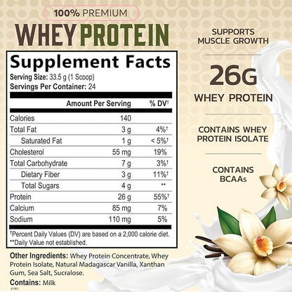 Premium 100% Whey Protein Powder 26g, Creamy French Vanilla, Advanced Isolate Protein for Muscle Gain, Recovery & Immune System Support, No Added Sugar, For Shakes & Vanilla Smoothies - 24 Servings