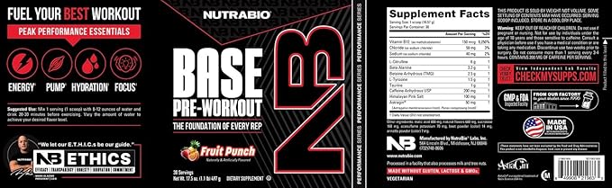 NutraBio Base Pre-Workout Sports Nutrition Powder - Sustained Energy, Mental Focus, Endurance, Hydration - Preworkout for Men and Women - Increase Energy- 30 Servings - Fruit Punch