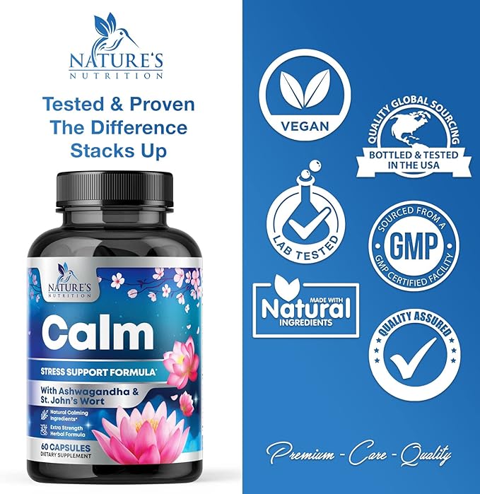 Natural Unwind, Calm, & Relax Support with Ashwagandha, GABA, Magnesium, 5-HTP, L-Theanine & B Vitamins, Natural Focus, Energy & Immune Support - Nature's Non-GMO, Vegan, Gluten Free - 60 Capsules