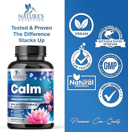 Natural Unwind, Calm, & Relax Support with Ashwagandha, GABA, Magnesium, 5-HTP, L-Theanine & B Vitamins, Natural Focus, Energy & Immune Support - Nature's Non-GMO, Vegan, Gluten Free - 60 Capsules