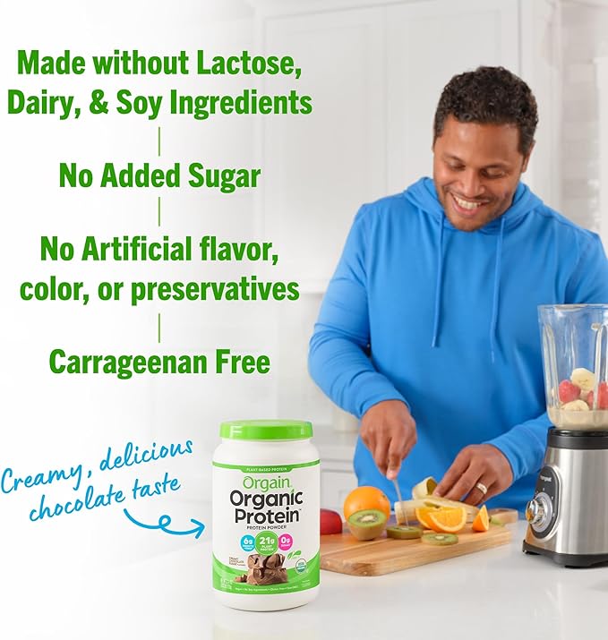 Orgain Organic Vegan Protein Powder, Creamy Chocolate Fudge - 21g Plant Protein, 7g Prebiotic Fiber, Low Net Carb, No Lactose Ingredients, No Added Sugar, Non-GMO, For Shakes & Smoothies, 2.03 lb