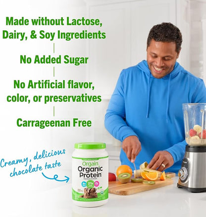 Orgain Organic Vegan Protein Powder, Creamy Chocolate Fudge - 21g Plant Protein, 7g Prebiotic Fiber, Low Net Carb, No Lactose Ingredients, No Added Sugar, Non-GMO, For Shakes & Smoothies, 2.03 lb