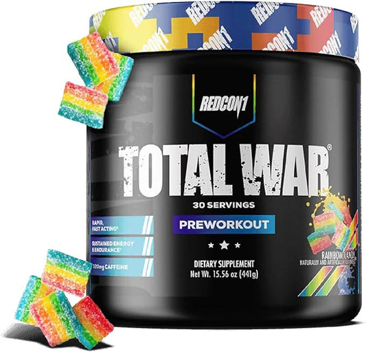 REDCON1 Total War Preworkout - Contains 320mg of Caffeine from Green Tea, Juniper & Beta Alanine - Pre Work Out with Amino Acids to Increase Pump, Energy + Endurance (Rainbow Candy, 30 Servings)