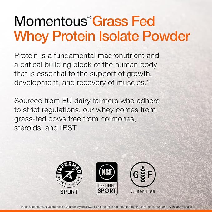 Momentous Essential Grass-Fed Whey Protein Powder - 20g Whey Isolate Protein - NSF Certified, Gluten-Free, 24 Servings for Essential Everyday Use, Vanilla (Package May Vary)